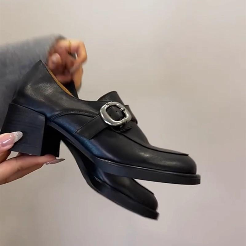 The Treasure of the Town Store~ British Retro Wasteland Style Metal Buckle Round Head Thick Heel Soft Leather Single Shoes Washed Cowhide Loafers