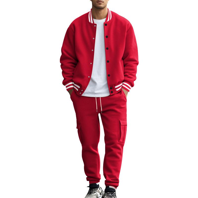 

Autumn and Winter Stand-Collar Baseball Uniform Trousers Plus Velvet Casual Jacket Men s Loose Sports Suit L красный