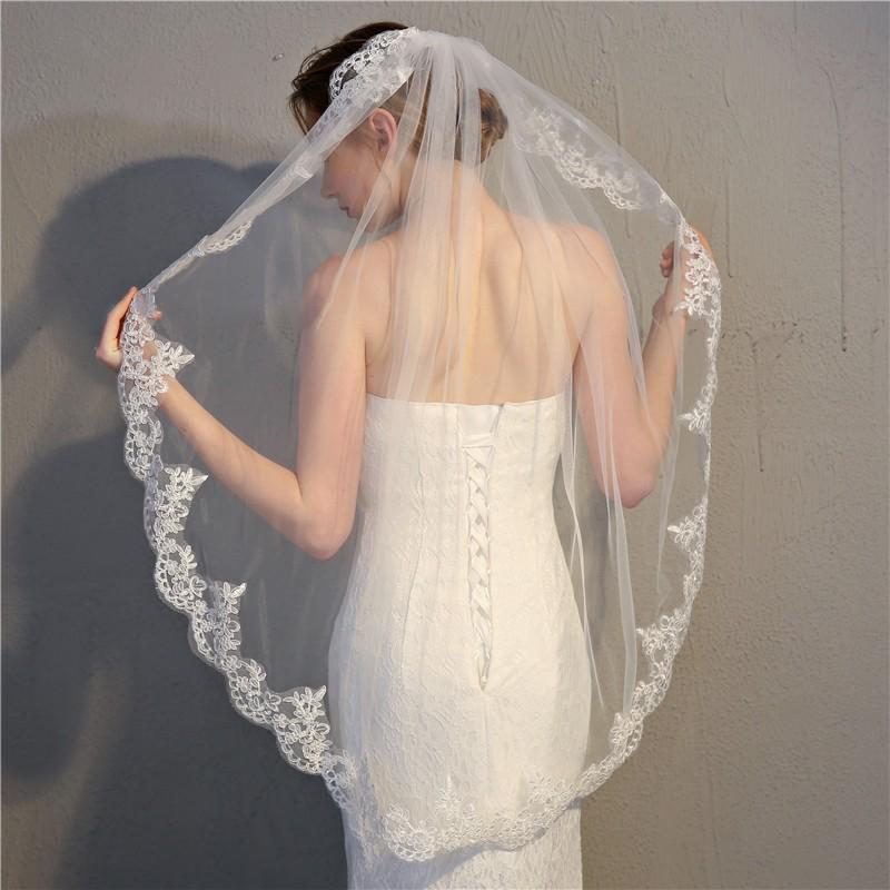 

Mori Style White Lace Trim Bridal Veil - Medium Length Bridal Headdress for Travel Photography 80cm-100cm белый