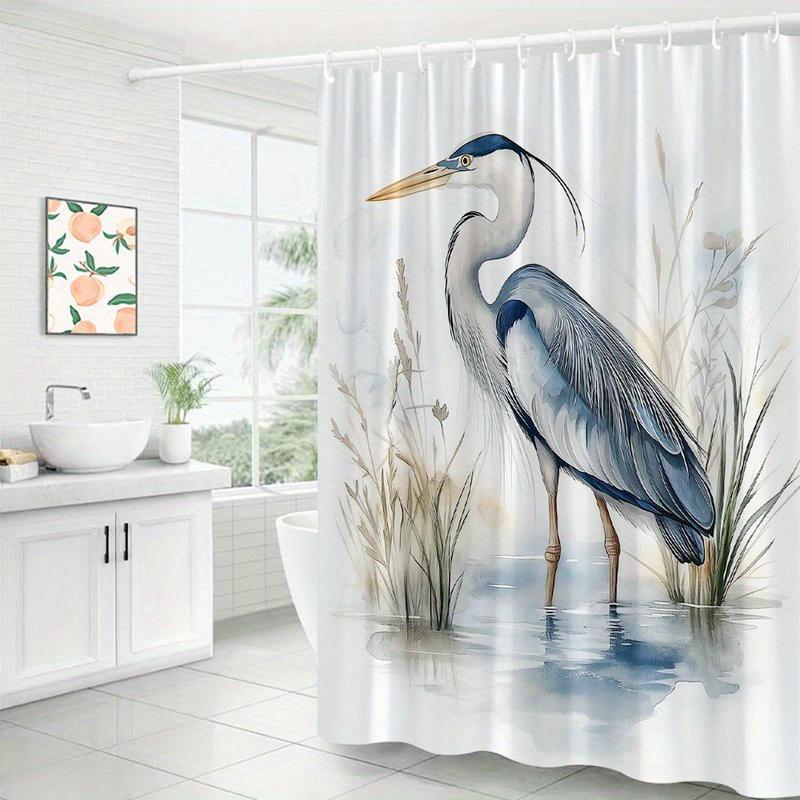 1Pc Watercolor Heron Pattern Shower Curtain, Polyester Fabric, Machine Washable, Suitable For Bathroom Decoration