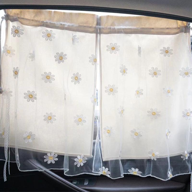 Car Baby Sunshade Curtain Embroidery Daisy Lace Double-layer Uv Protection Newborn Travel Sunscreen Summer Car Interior Supplies