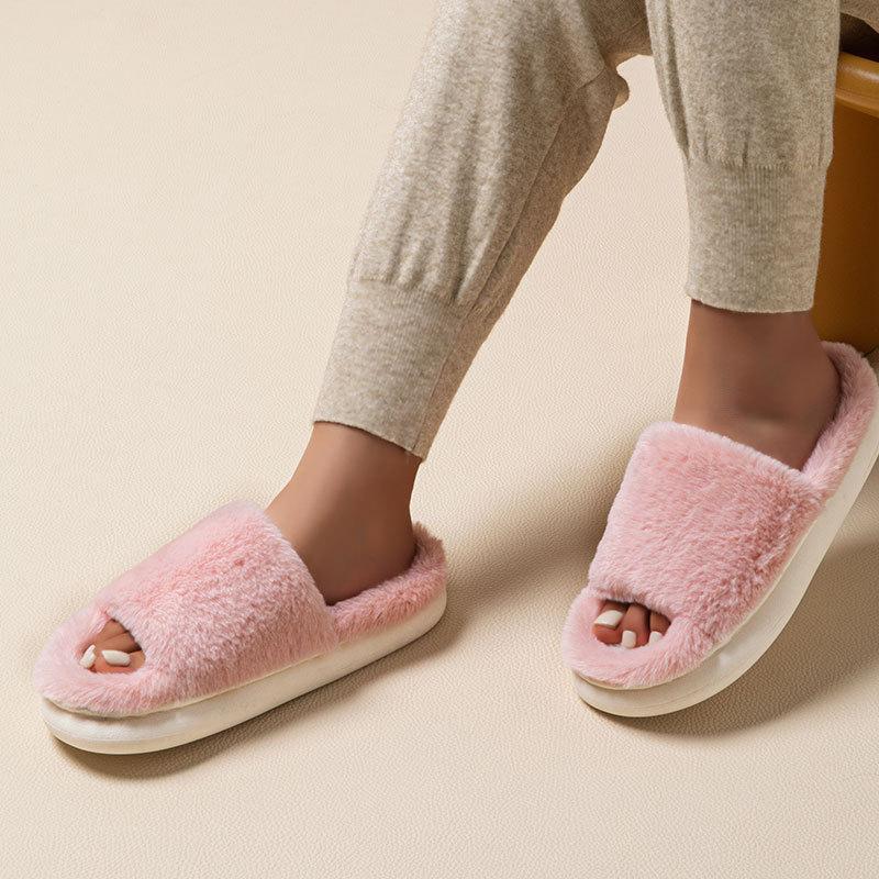 Gemütliche flauschige Hausschuhe aus Kunstfell, Einzelband, offene Zehenpartie, Plateau, Fuzzy-Schuhe, bequeme warme Hausschuhe: