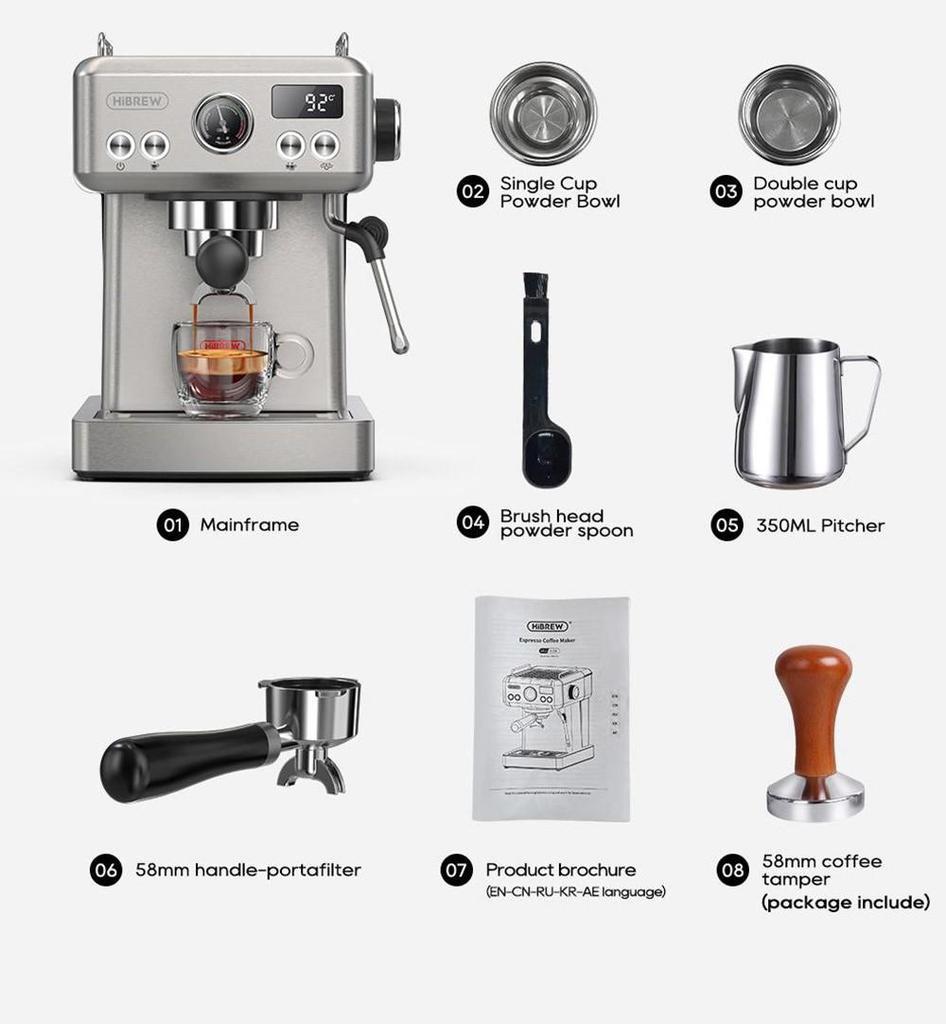 HiBREW 19Bar Semi Automatic Espresso Coffee Machine Temperature Adjustable 58mm Portafilter Cold/Hot Coffee Maker Metal CaseH10A
