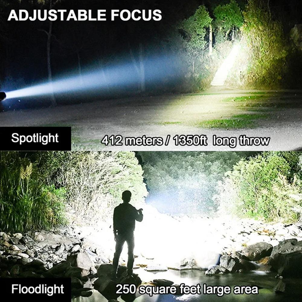 Powerful LED Flashlight Zoomable Torch Type-C Rechargeable Camping Lantern 5Modes Outdoor 26650 Power Bank Lights