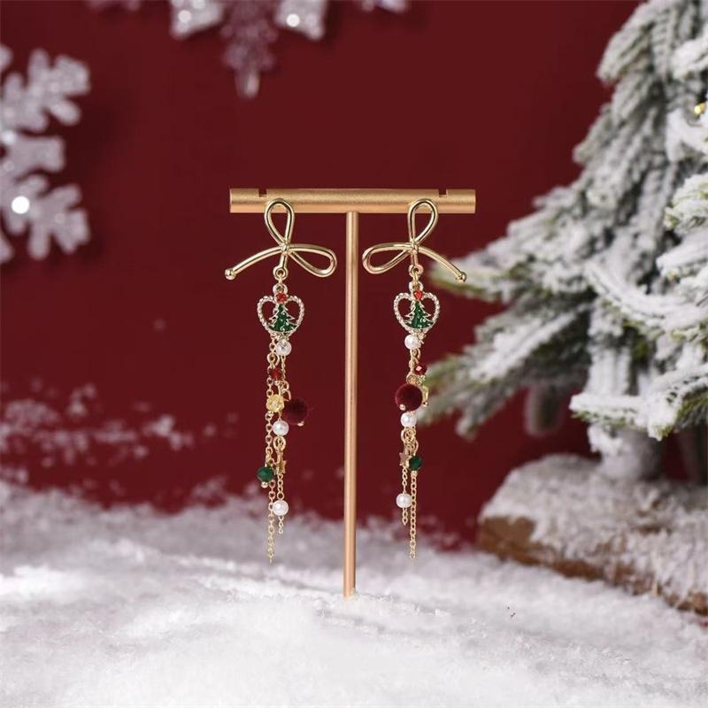 

Vintage Flocking Bowknot Christmas Tree Earrings for Women Luxury Imitation Pearl Snowflake Tassel Earring New Year Jewelry Gift
