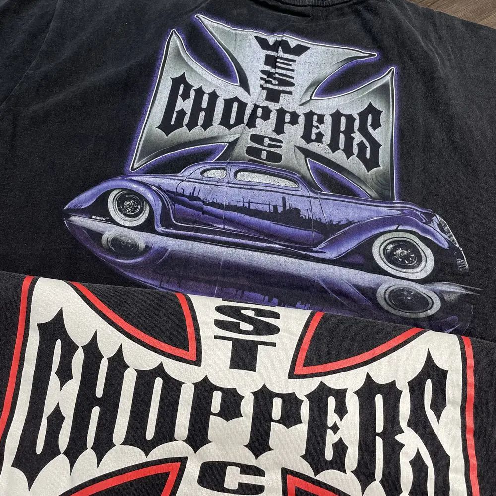 T-shirt Lavata Stampata Y2k Vintage West Coast Choppers Cotone Lavato Stile Retro Vestibilità Larga Casual Streetwear Unisex