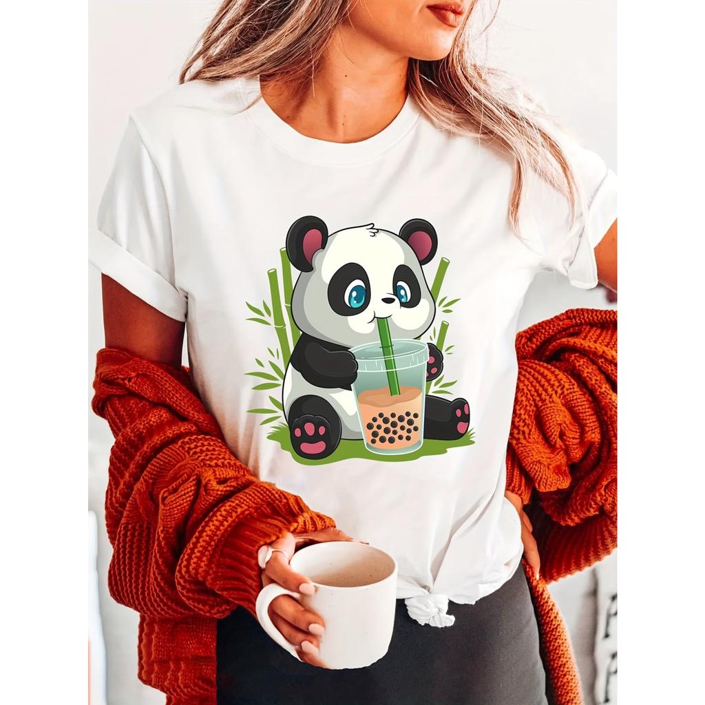 Panda Print Crew Neck T-Shirt, Casual Short Sleeve T-Shirt For Spring & Summer, Women's Clothing