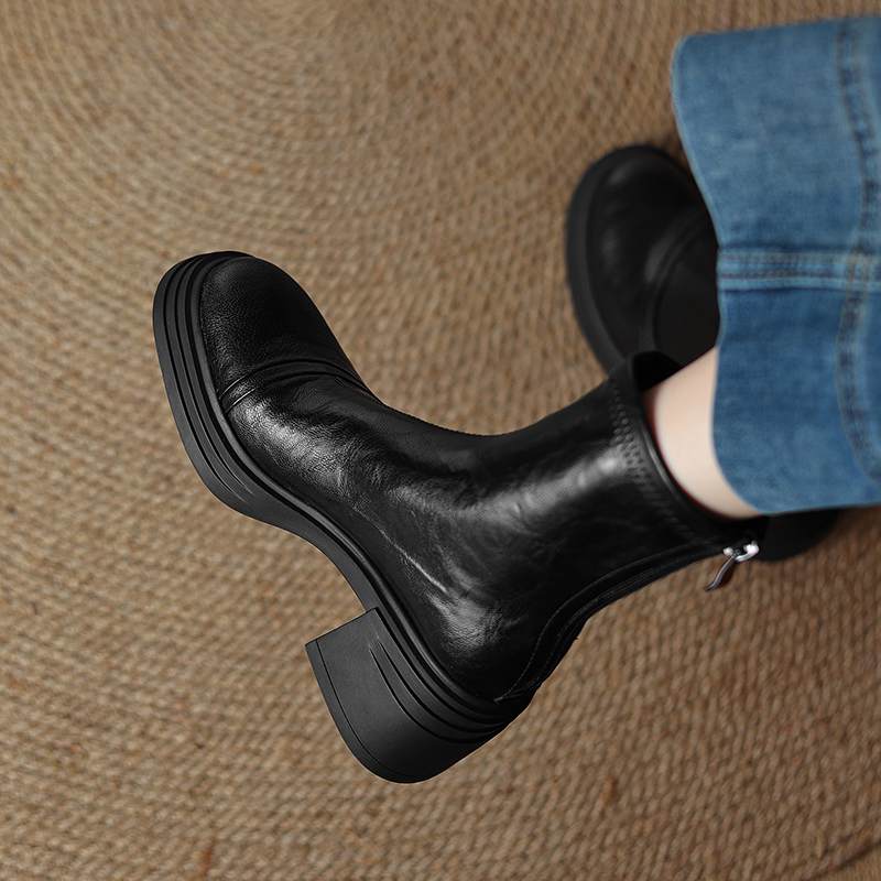 Krazing Pot Sheepskin Winter Round Toe Modern Platform Boots Thick High Heels Zipper Women Ankle Boots