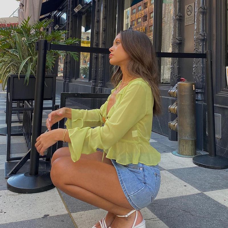 2025 Summer Deep V-Neck Ruffle Tie Long Sleeve Sheer Top