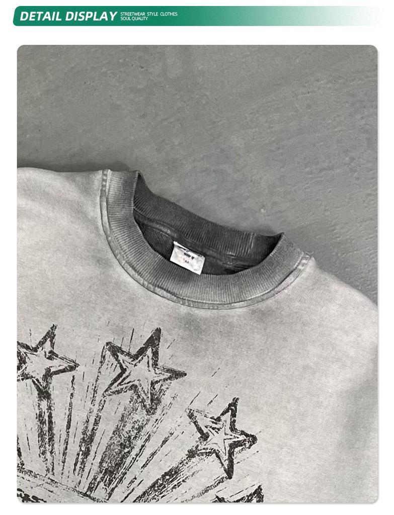 2024 Autumn 430G Heavy Reverse Bottom Stir-fried Color Wash Old White Ink Direct Inkjet Printed Round Neck Sweatshirt