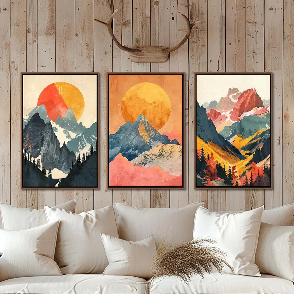 Abstract Sunset Mountain Landscape Set Of Three Wall Art, Vintage Farmhouse Decor, Living Room Canvas Art, Boho Minimalist Decor
