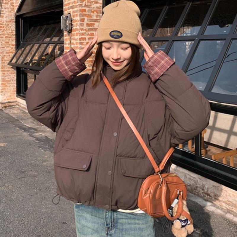 Winter new plaid contrasting color cotton-padded clothes women's short college style small bread jacket trendy