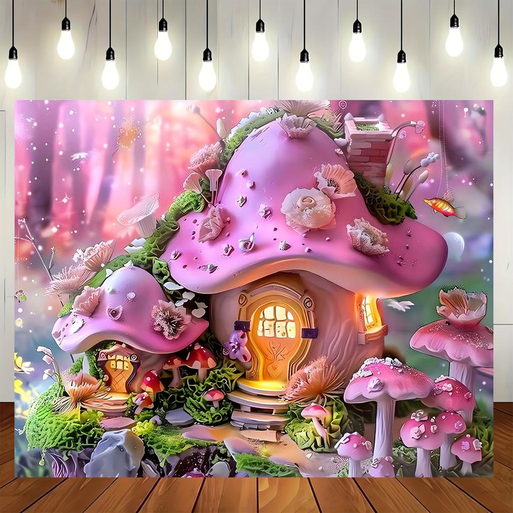 Pink Fairy Tale Mushroom Cottage Tapestry, Party and Photography, Perfect for Spring/summer Event Mushroom Party Decorations