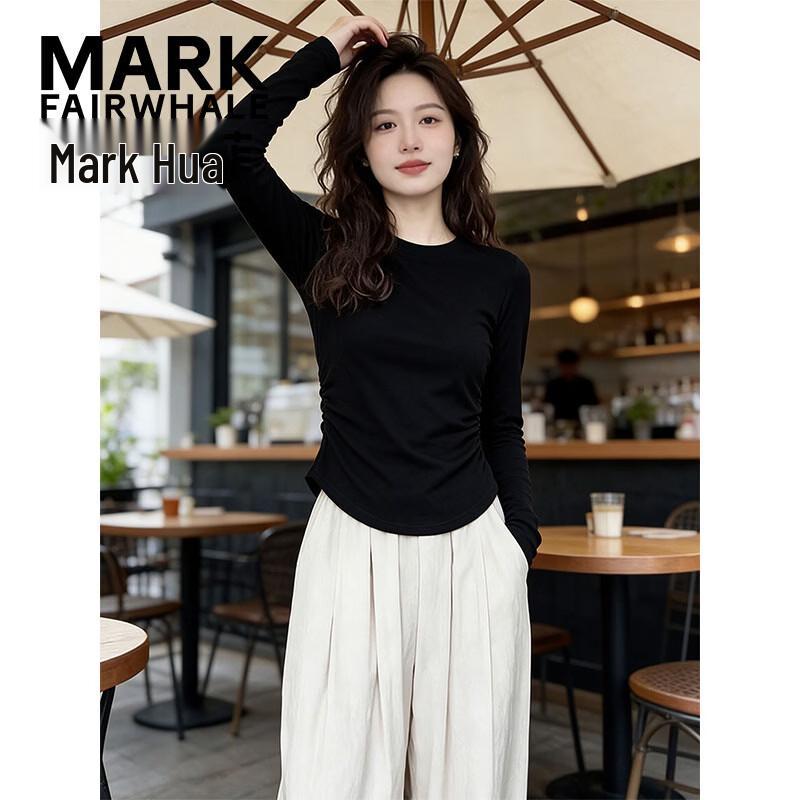 MARK FAIRWHALE Women's Ribbed Long Sleeve Round Neck T-shirt with Side Pleats