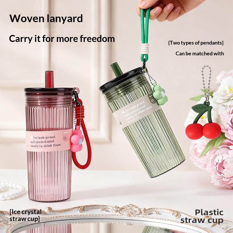 700Ml Large Capacity Summer Plastic Straw Cup Leak Proof With Flower Pendant Lid Rope Transparent