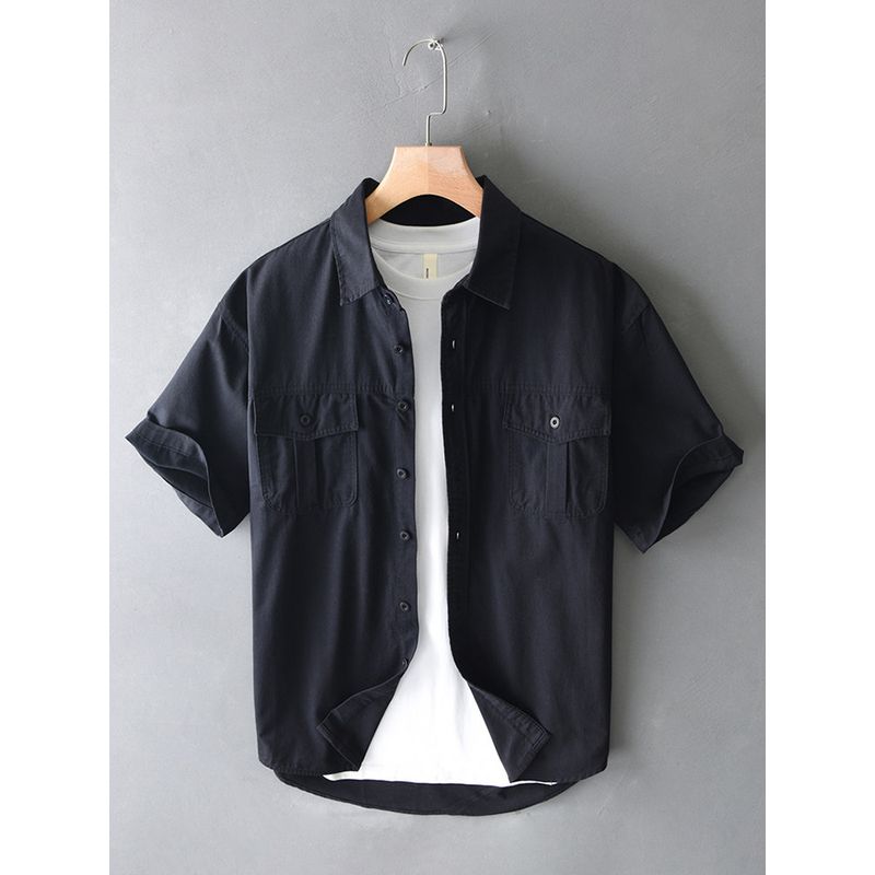 Summer American-Style Casual Short-Sleeve Shirt for Men, Loose Fit for Big and Tall Guys, Pure Cotton Work Shirt Jacket with Heavy Texture