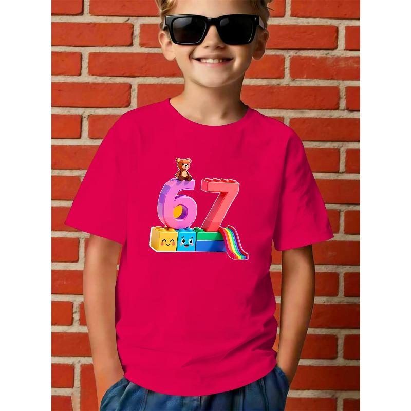 European sizes Boys' Short Sleeve T-Shirt Compatible for Valentine's Day & New Year Gifts - Summer Casual Round Neck Tee with Number 67 Print