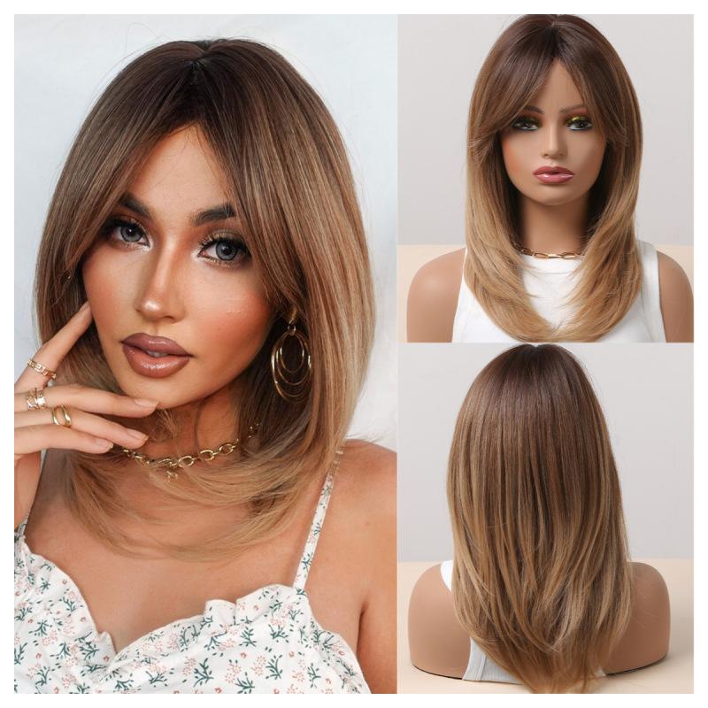 Długie czarne warstwowe peruki syntetyczne z grzywką Karmelowo-brązowa peruka z prostymi włosami Blond podkreśla Włókno termoodporne Kostium do użytku codziennego