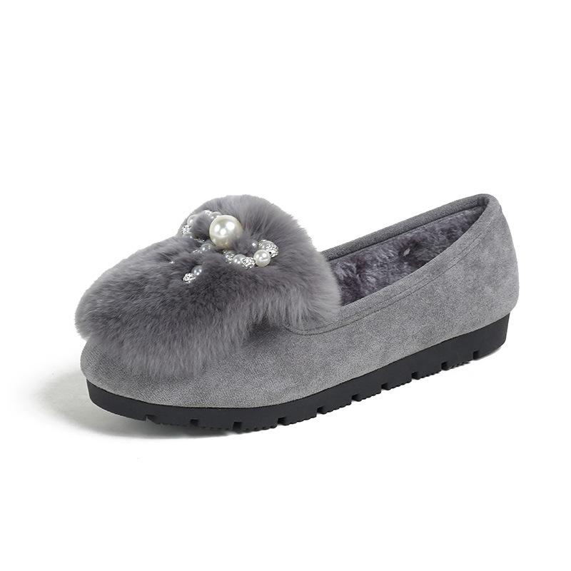 Moda Gruba podeszwa Okrągły nosek Ciepłe Plus Aksamitne Bawełniane Buty Damskie Moda Muszka Antypoślizgowe Perły Mokasyny Plus Rozmiar Zapatillas 2024