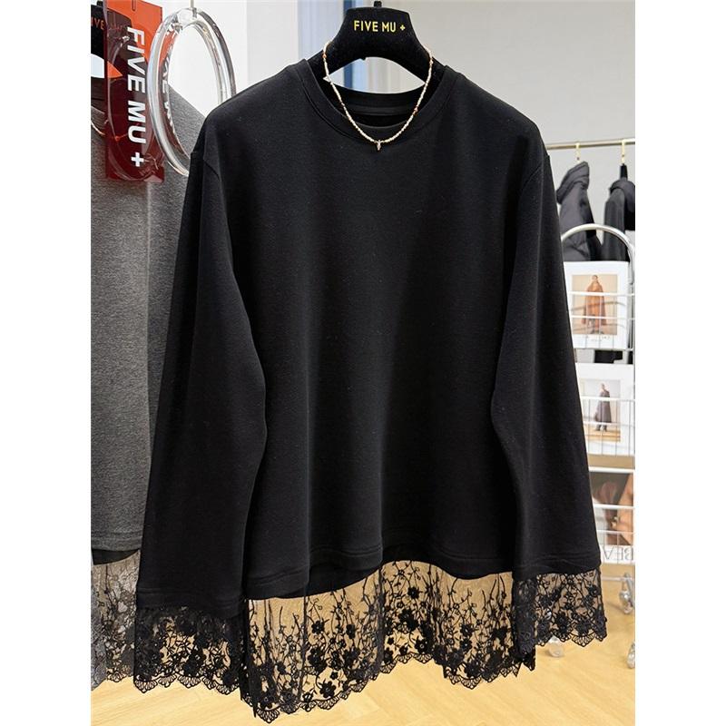 Lace Patchwork Fleece Sweatshirt Casual Loose Long Sleeve Top