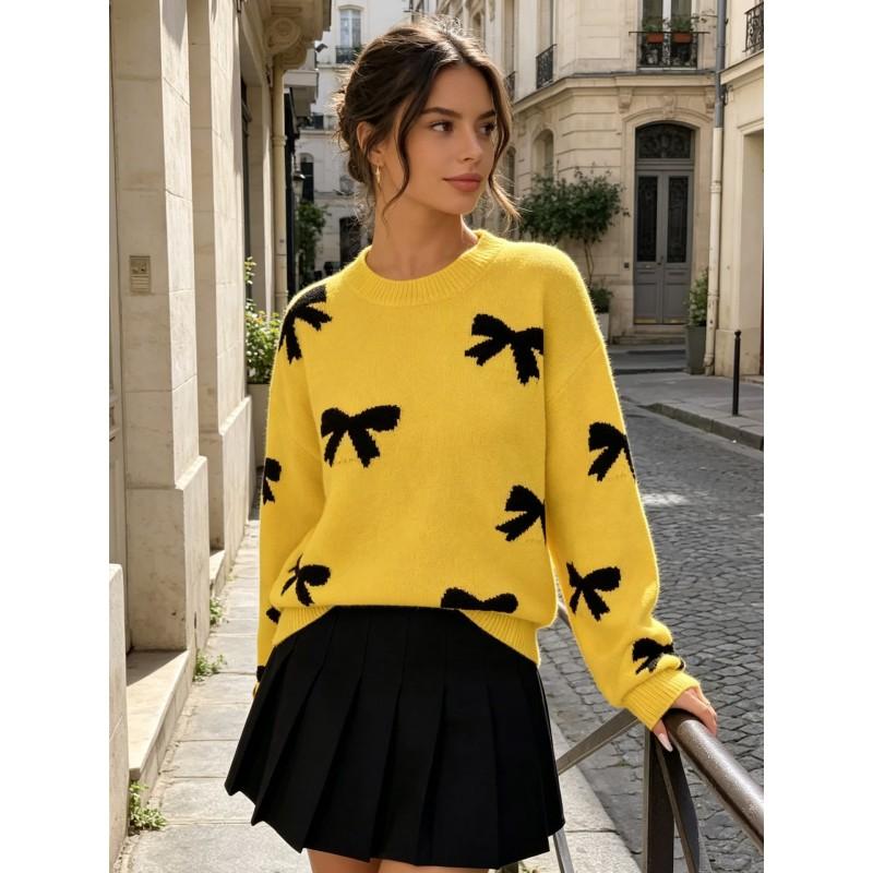 Womens Loose Fit Long Sleeve Knit Sweater With Bow Jacquard Round Neck Winter Casual Top