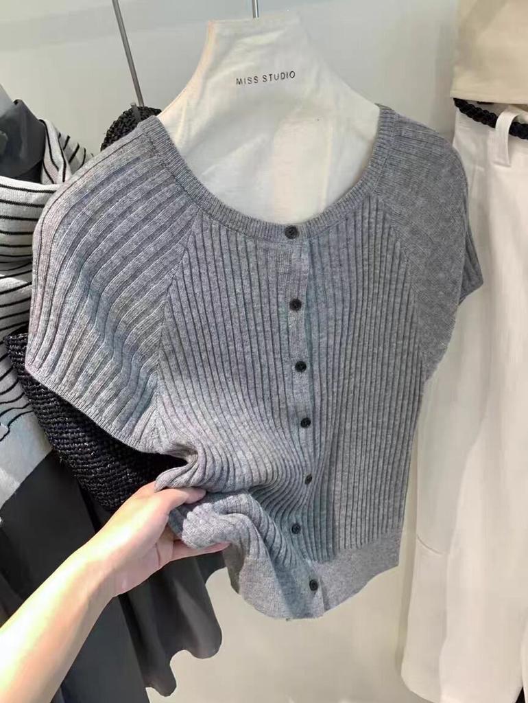 1116 spring and summer new versatile simple round neck pit strip thin short-sleeved knitted cardigan top women