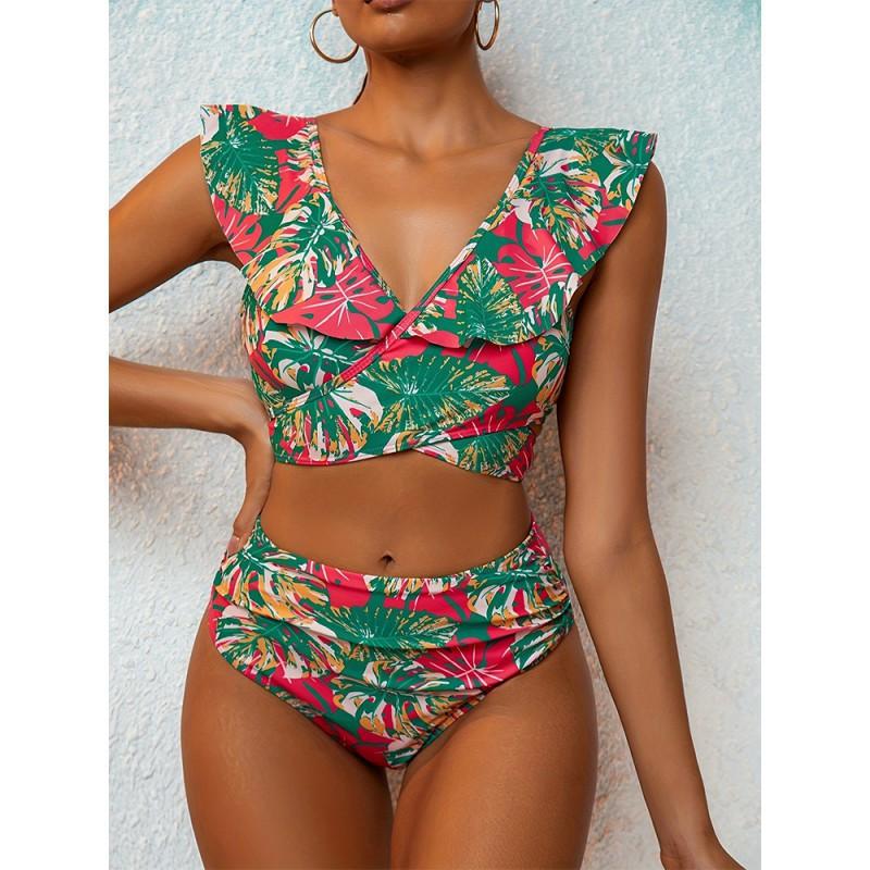 

Tropical Split Swimsuit Women s Sexy Bikini High-end Print Pure Desire Style High Waist Backless S
