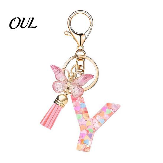 Kompaktes Schlüsselanhänger-Anhänger in Rosa-Serie, Pailletten Herz Initialen-Buchstaben-Anhänger Schlüsselkette mit tragbarem Schmetterlings-Quasten-Design, A-Z Halter für Tasche
