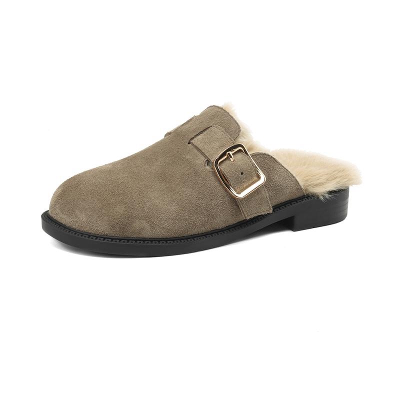 

Fashion Women s new winter round head genuine leather cowhide middle heel metal belt buckle, wrapped in warm Mule fur slippers 220 хаки