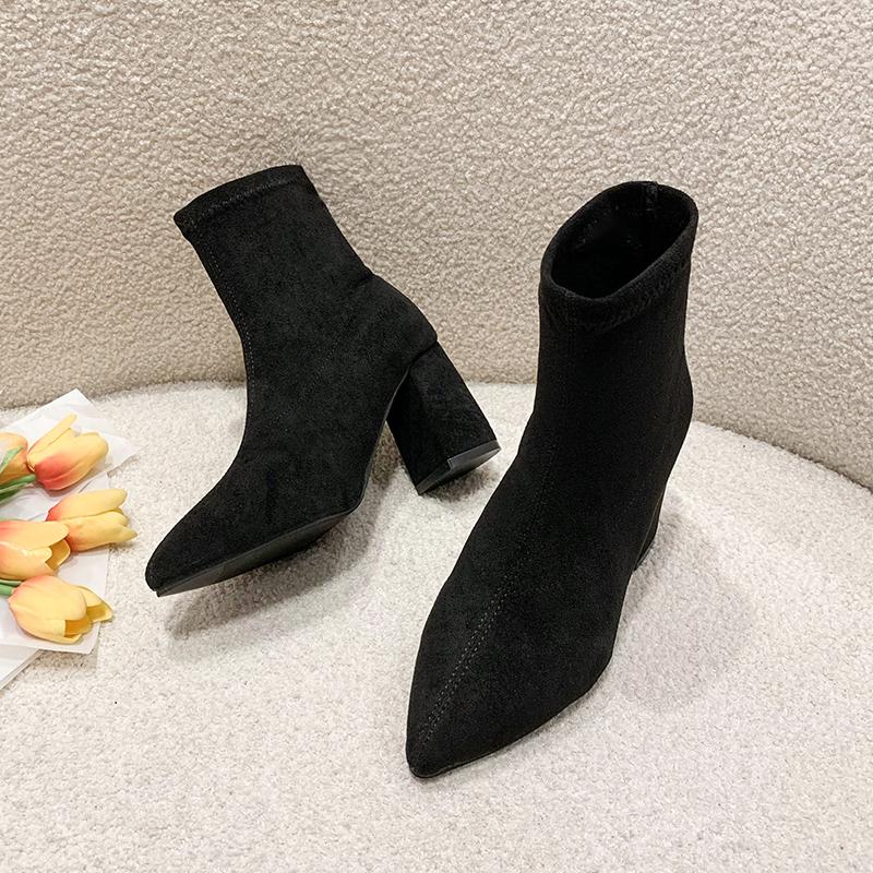 New pointed elastic skinny leg boots high heel boots comfortable thick heel thin short boots women
