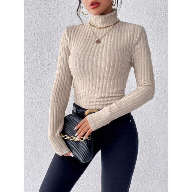 Slim Elegant High Neck Sweater for Women Long Sleeve Solid Color Winter Autumn Clothing