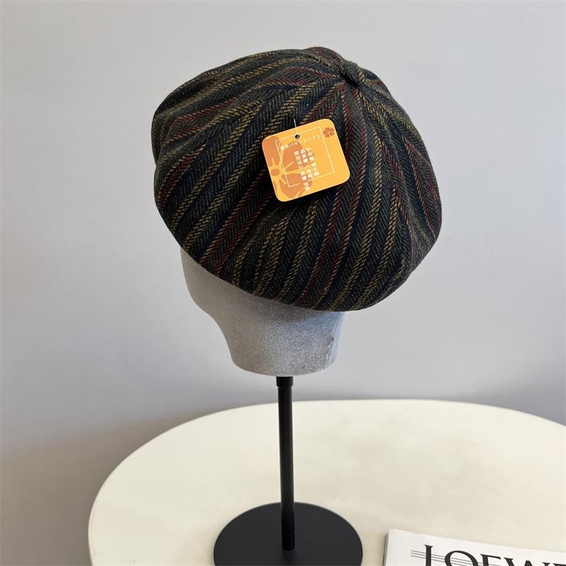 

Striped tweed octagonal hat women autumn and winter pumpkin hat British retro thermal painter hat M（56-58cm） чорний