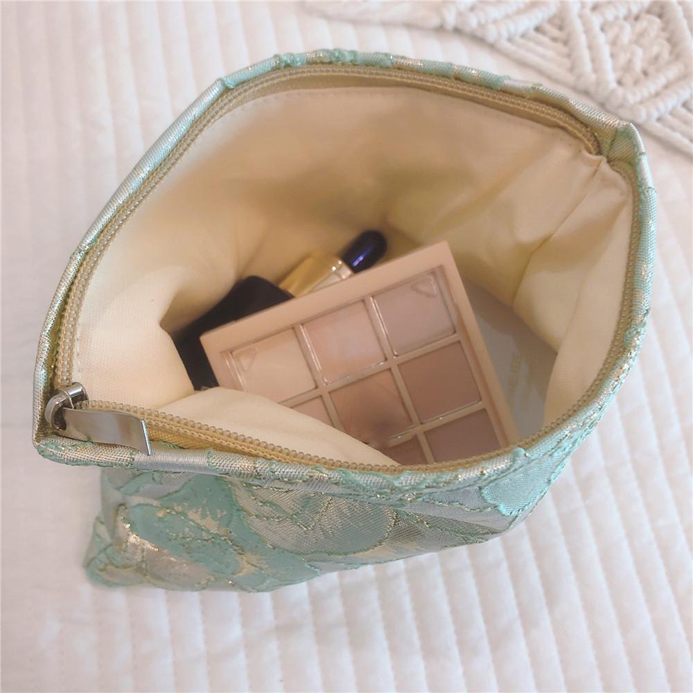 

456 Rose Flower Gold Silk Jacquard Makeup Bag Travel Toiletry Organizer Small Size Cosmetic Pouch Light Green