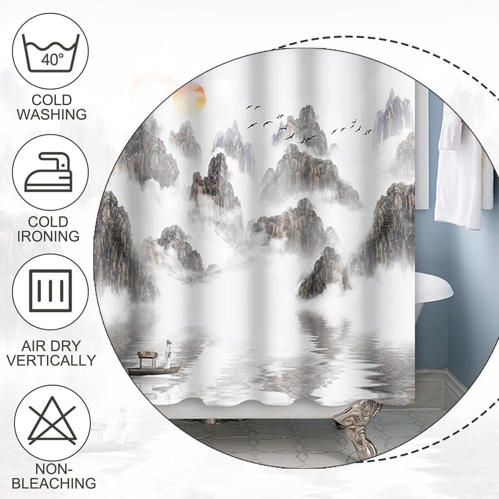 Baocicoo Chinese Ink Painting Shower Curtain Sets Sunrise Sea of Clouds Asian Mountain Landscape Shower Curtains for Bathroom Te