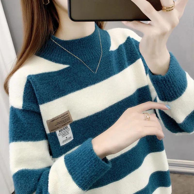 Striped Colour Blocking Chenille Sweaters Women's Autumn Winter Korean Style Loose Thickened Knitted Pullovers Large Size Casual Jumpers
