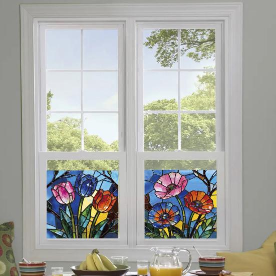 3 Pcs Stained Glass Flowers Window Privacy Film Colorful Floral Window Clings Sun Blocking Removable Static Stickers for Living Room Bathroom