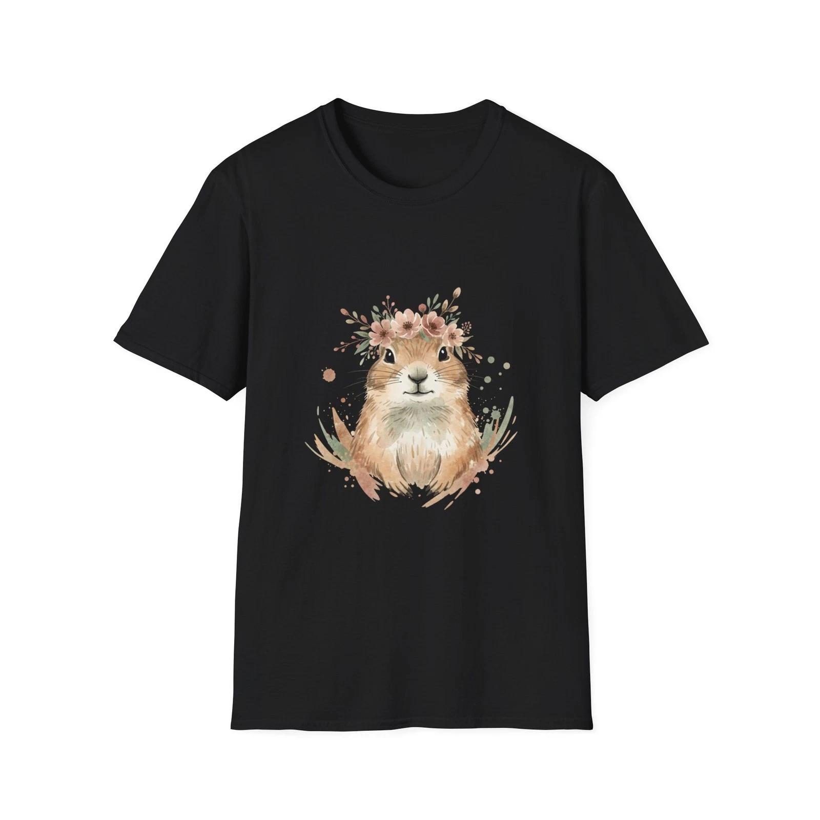 Cute Prairie Dog Floral Watercolor Black Tee Animal Aesthetic T-Shirt S