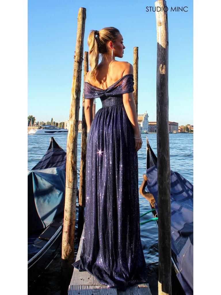 2026 Europe & America Strapless Sequin Evening Gown with Slit and Flowing Skirt