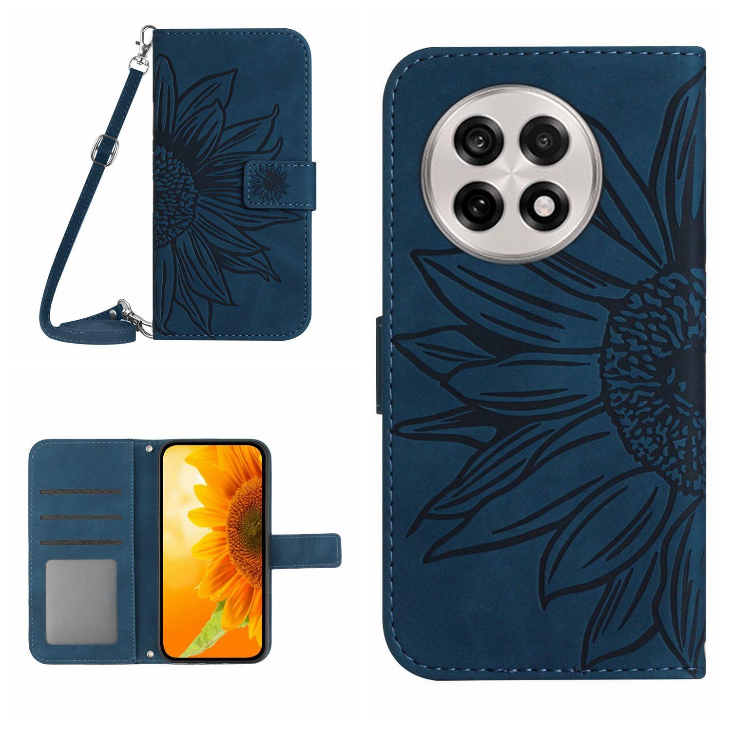 

For OnePlus 13R 5G Case Sunflower Imprint PU Leather Phone Cover with Long Strap Dark Blue