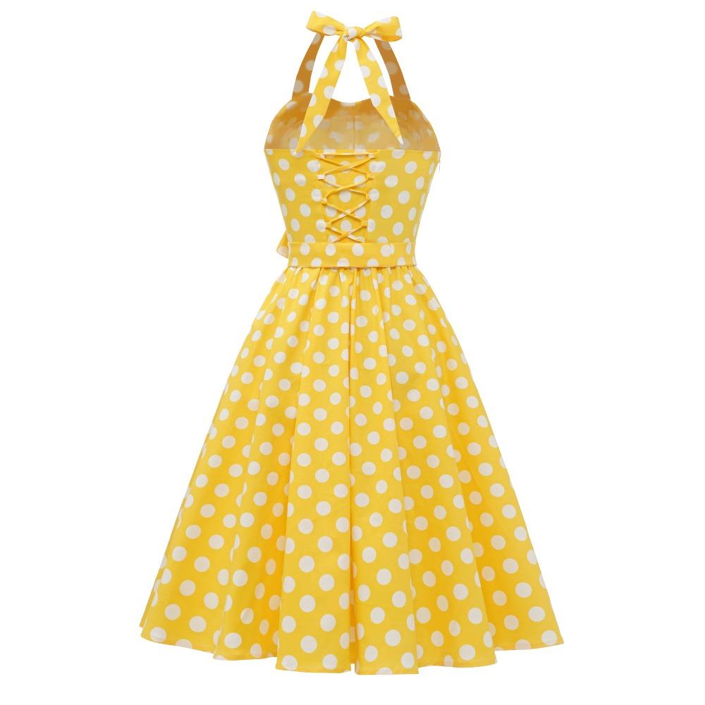 Vintage blue polka-dot lace-up halter-neck flared ball gown – elegant performance dress for the annual party