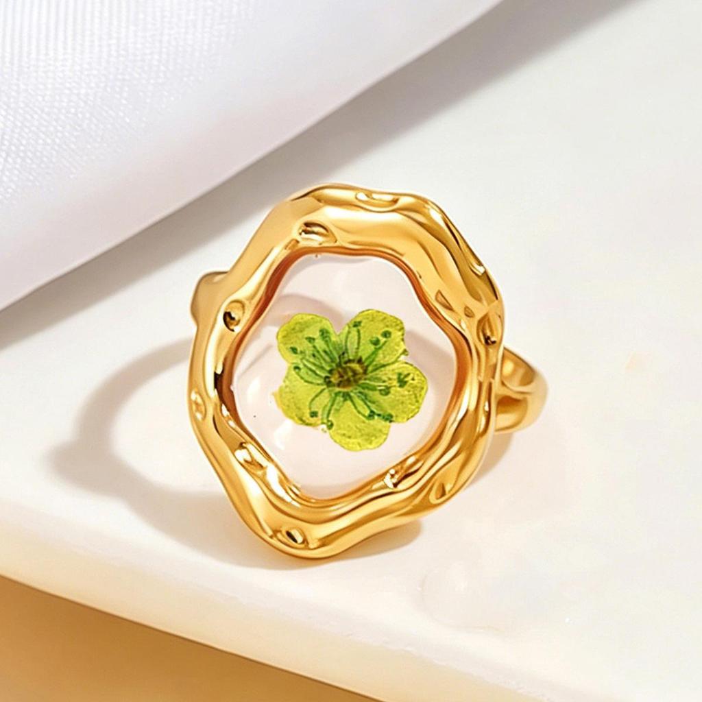 Bohemian Stainless Steel Dried Flower Ring with Transparent Drip Oil for Women