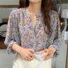 Round Neck Sweet Flower Shirts Long Sleeve Women's Chiffon Blouse  Spring Summer
