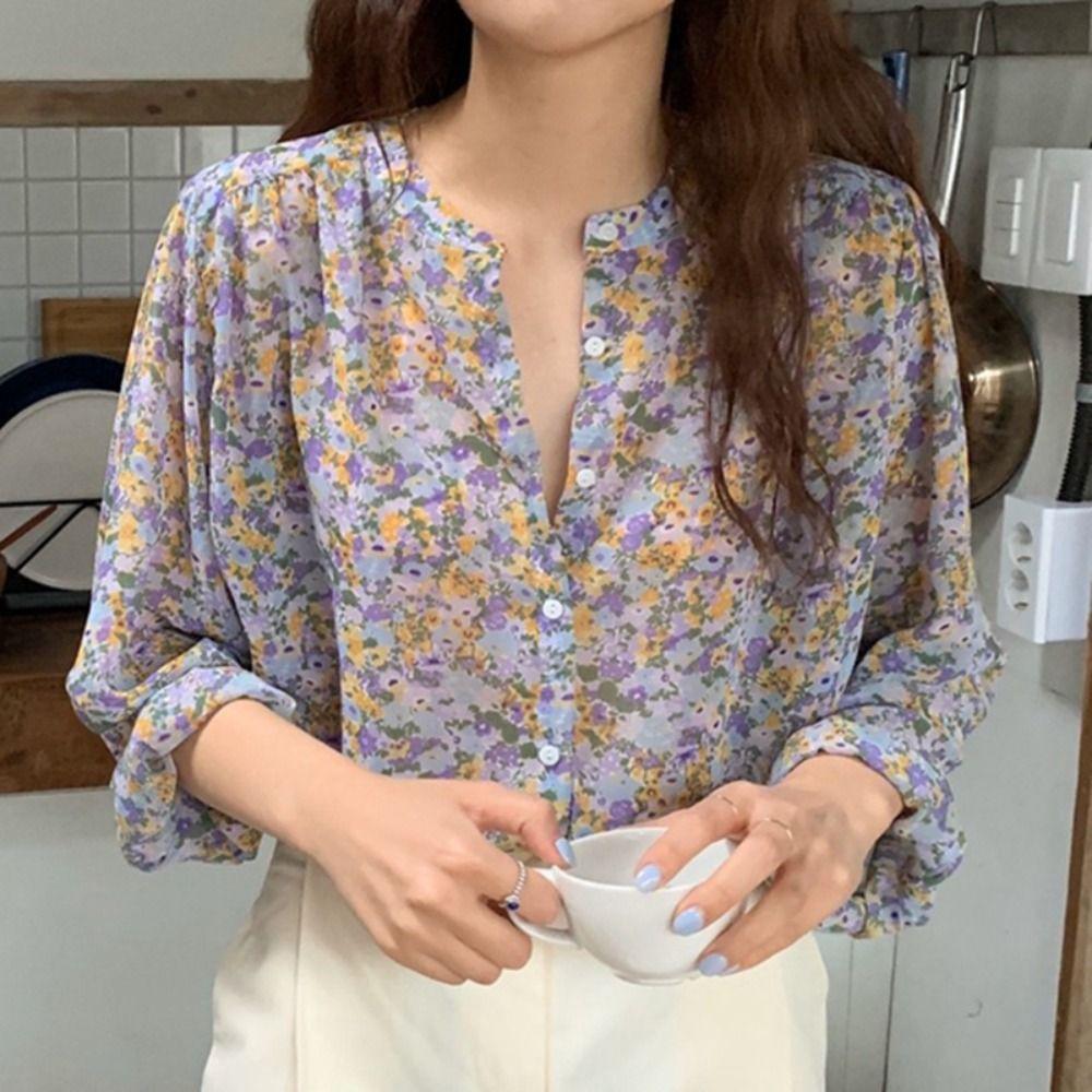 Round Neck Sweet Flower Shirts Long Sleeve Women's Chiffon Blouse  Spring Summer