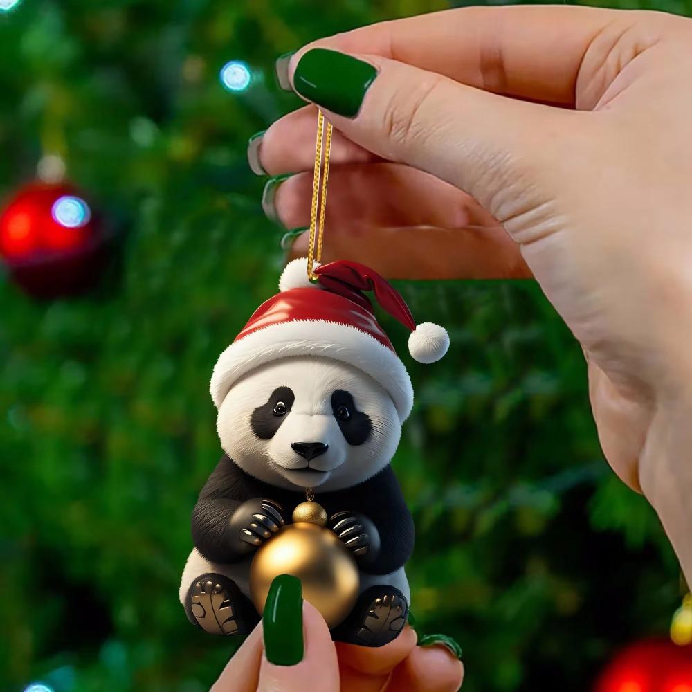 2D Christmas Panda Ornament Cute Xmas Hanging Ornament Fashion Car Panda Pendants  Kids Gift