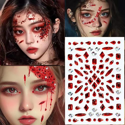 Halloween Face Stickers Diamond Red Black Broken Diamond Flashing Diamond Stickers Horror Simulation Fake Plasma Scar Scar Makeup