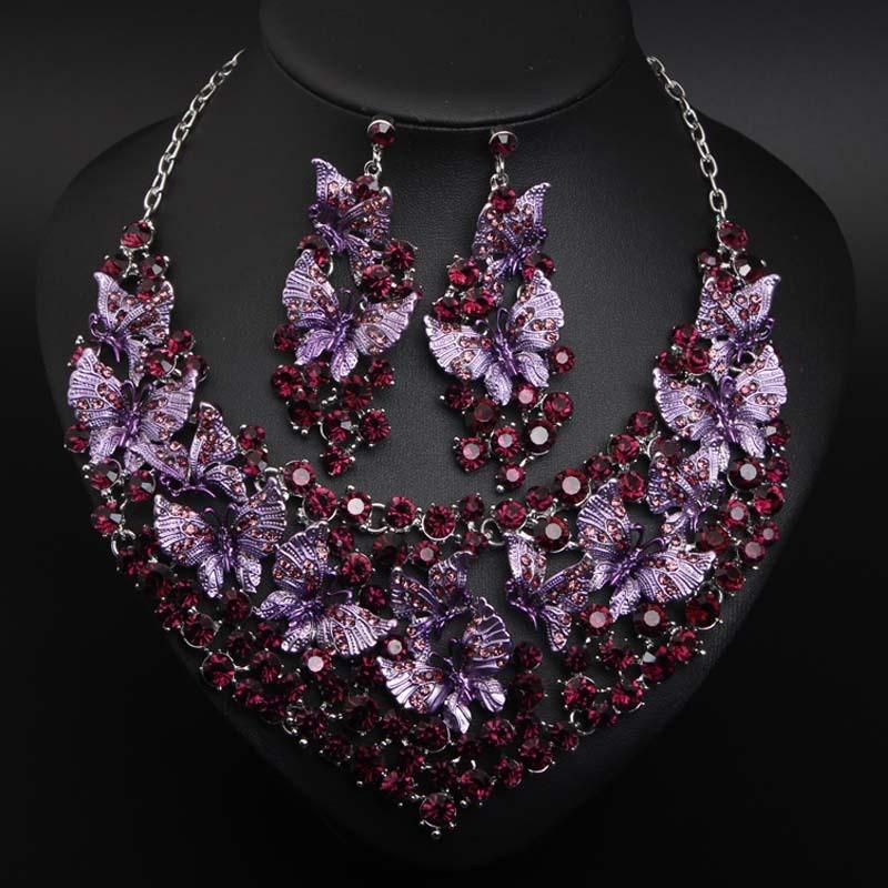 Exaggerated Butterfly Painting Oil Diamond Necklace Earrings Set Banquet Dress Women's Accessories