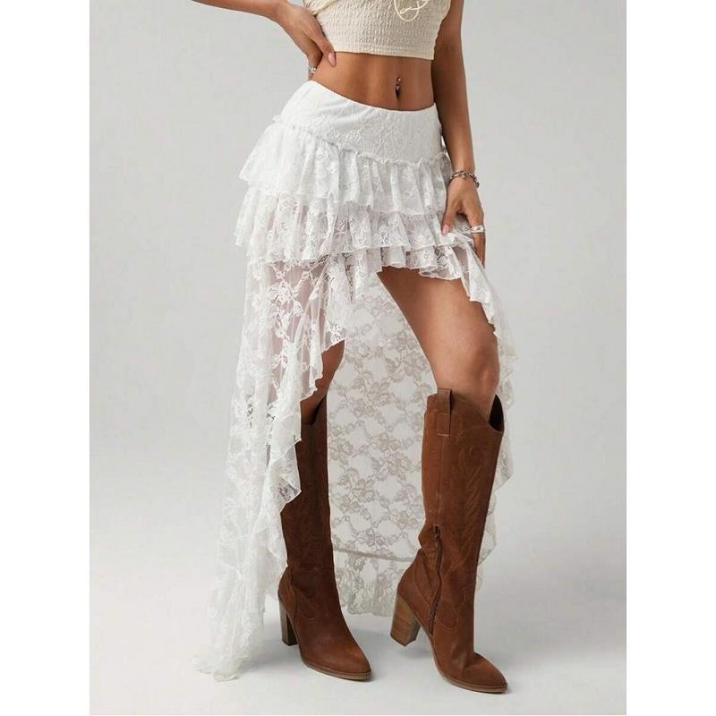 Summer sexy lace skirt cowgirl style irregular design sense women s skirt independent station S белый