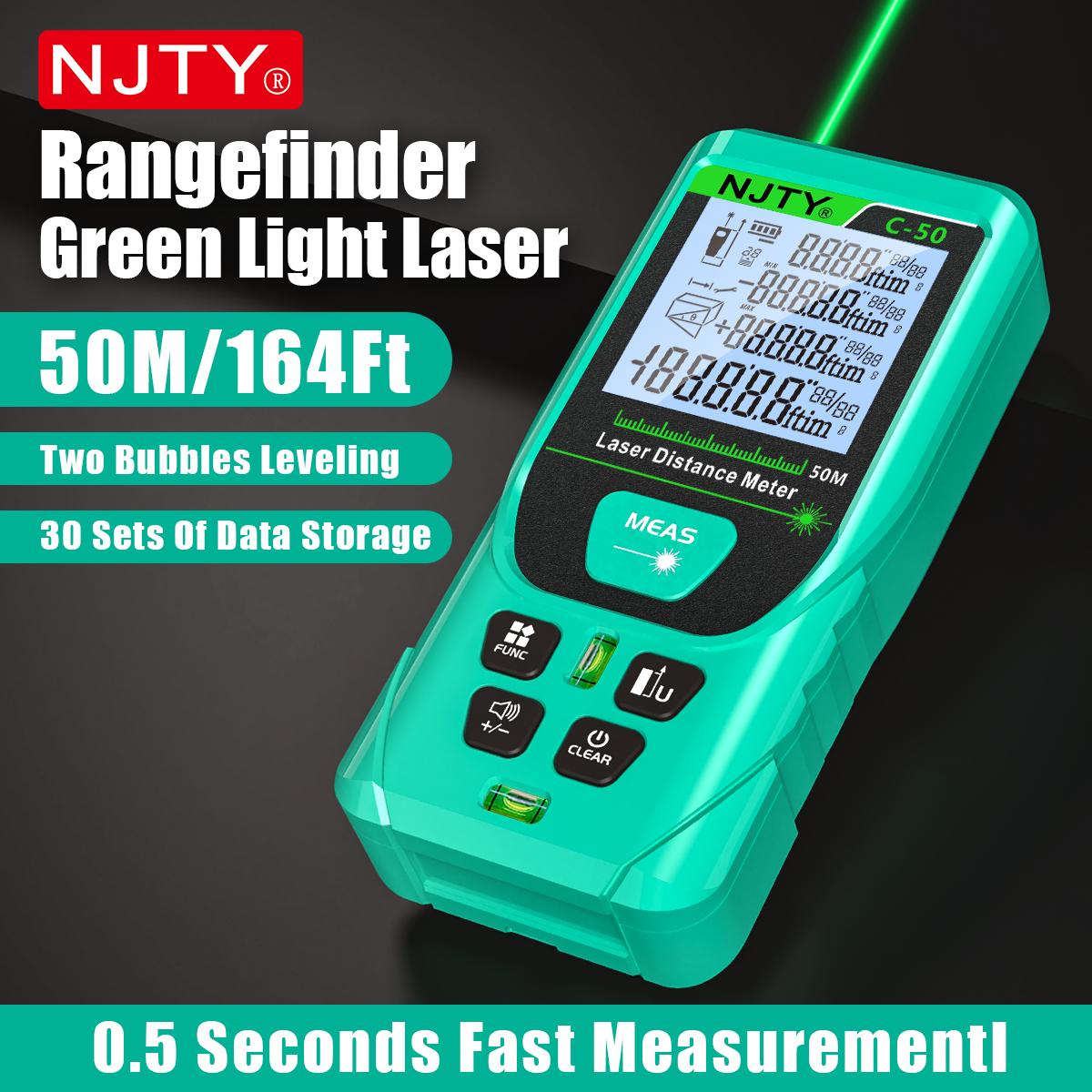 

NJTY Digital Laser Range Finder 50M 120M Green Laser Meter High Precision Measuring Tools Backlit Screen IP54 Waterproof Tape зелений
