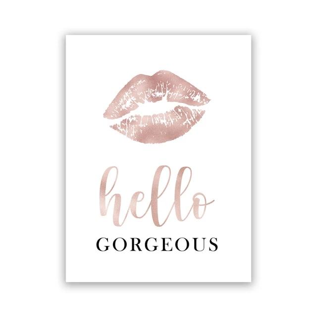 Fashion Eyelashes Lipstick Makeup Wall Art Canvas Painting Posters Rose Gold Girls Gifts Wall Decor Prints Hello Gorgeous Sign