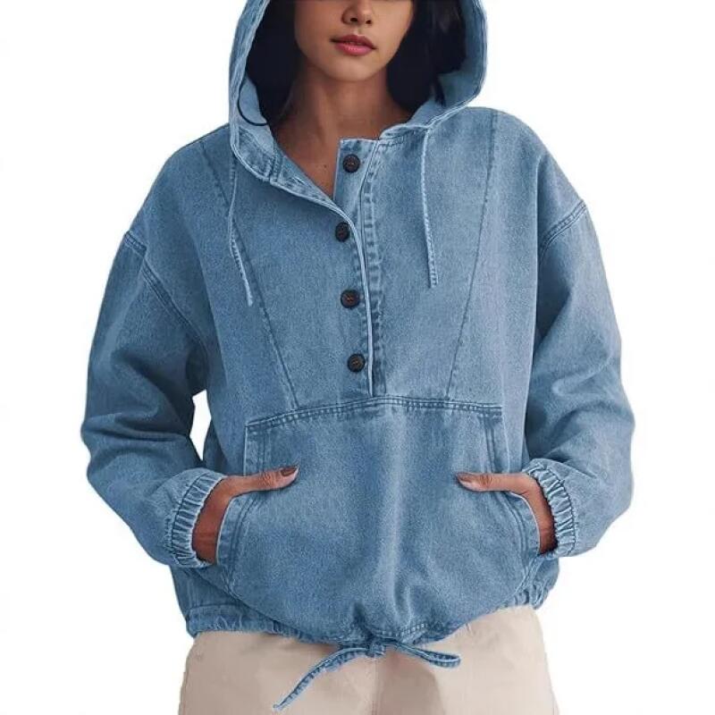 Sudaderas vaqueras con capucha para mujer, bolsillos con botones, streetwear vintage, otoño invierno, sudaderas con capucha para mujer, tops casuales holgados de punto
